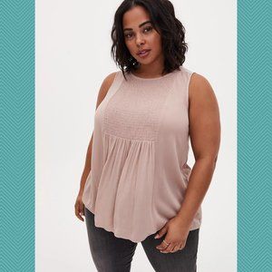 Torrid Taupe Pink Crinkle Gauze Smocked Front Tank